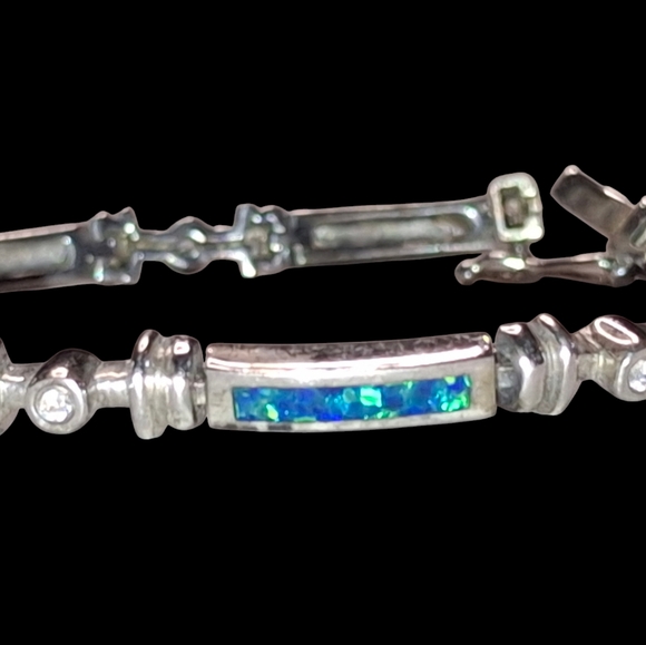 925 Sterling Silver Lab Grown Created Opal Bars 7 inch Chain Gemstone Diamond - Picture 8 of 13